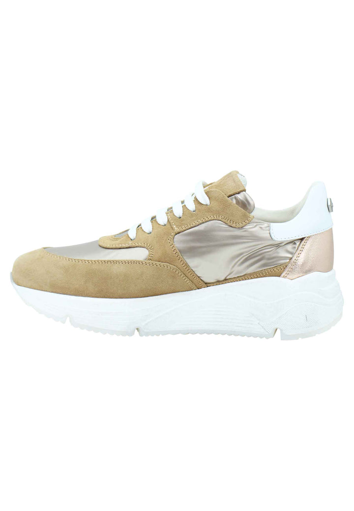 Spatarella Sneakers Donna In Pelle E Tessuto Cammello Con Fondo Gomma Bianco