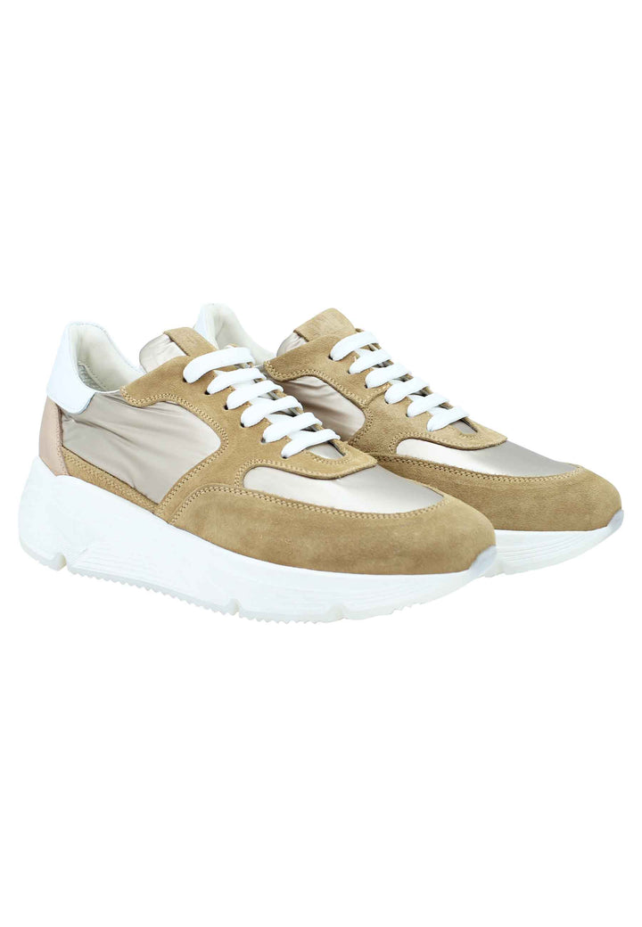 Spatarella Sneakers Donna In Pelle E Tessuto Cammello Con Fondo Gomma Bianco