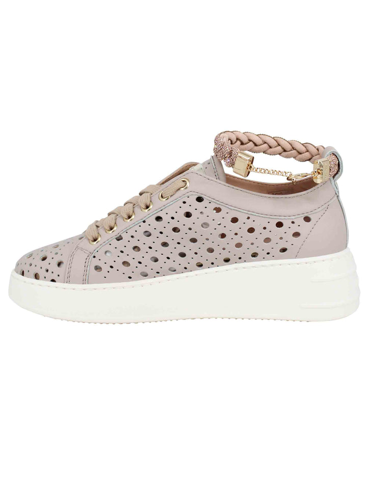 Spatarella Sneakers Donna In Pelle Forata Taupe Con Cavigliera In Strass