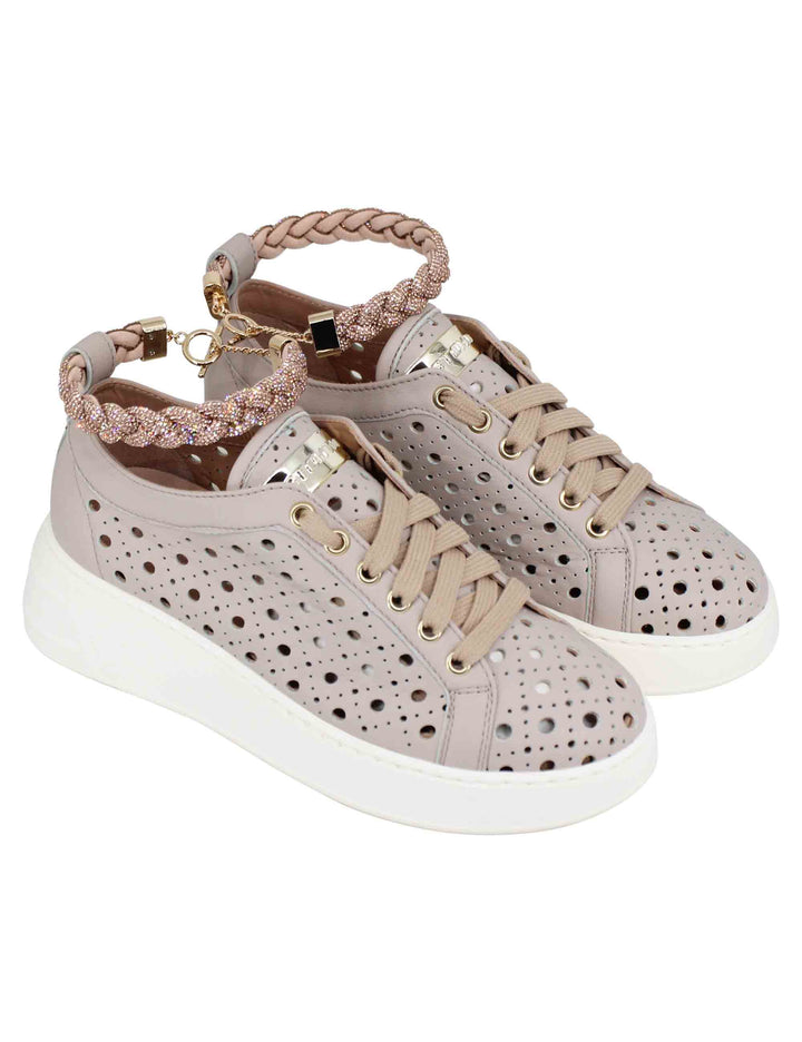 Spatarella Sneakers Donna In Pelle Forata Taupe Con Cavigliera In Strass