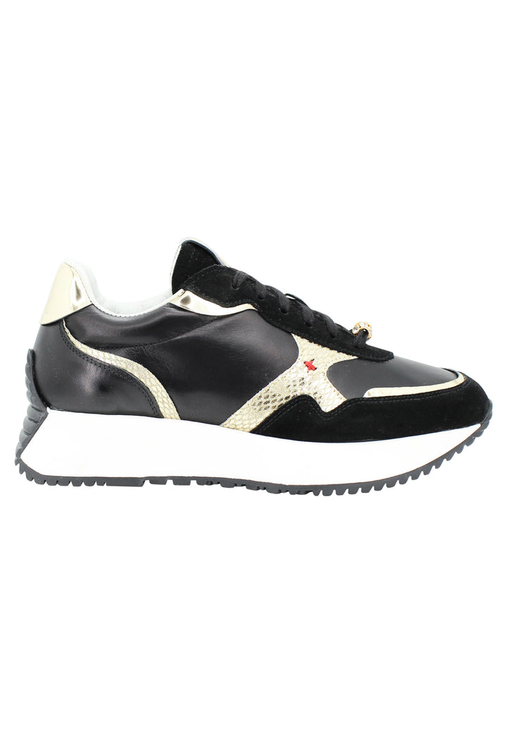 Spatarella Sneakers Donna In Pelle Nera Con Riporti In Pelle Oro E Zeppa In Gomma Bianca