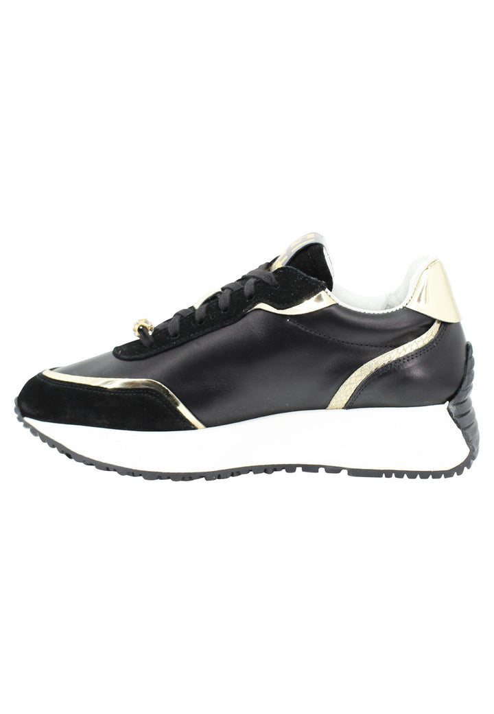 Spatarella Sneakers Donna In Pelle Nera Con Riporti In Pelle Oro E Zeppa In Gomma Bianca