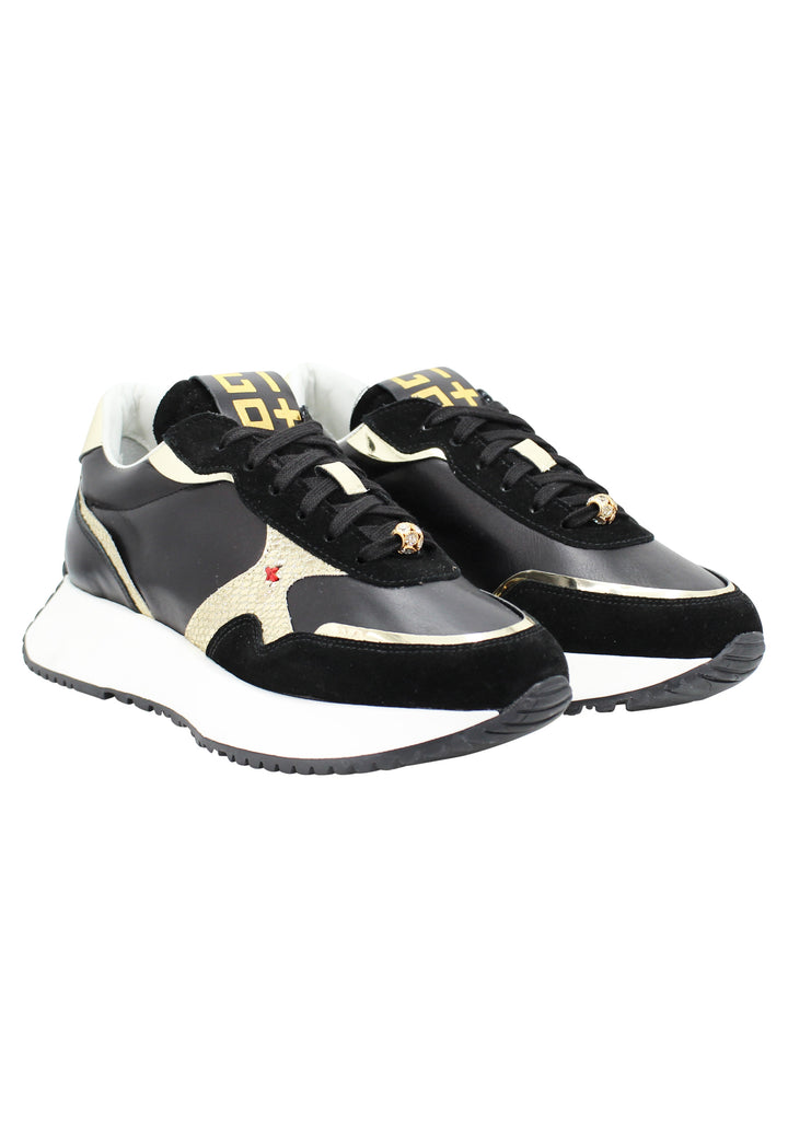 Spatarella Sneakers Donna In Pelle Nera Con Riporti In Pelle Oro E Zeppa In Gomma Bianca