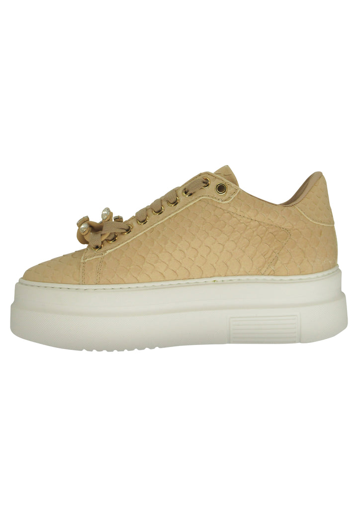 Spatarella Sneakers Donna In Pelle Stampata Nude Con Morsetto In Strass E Zeppa Alta