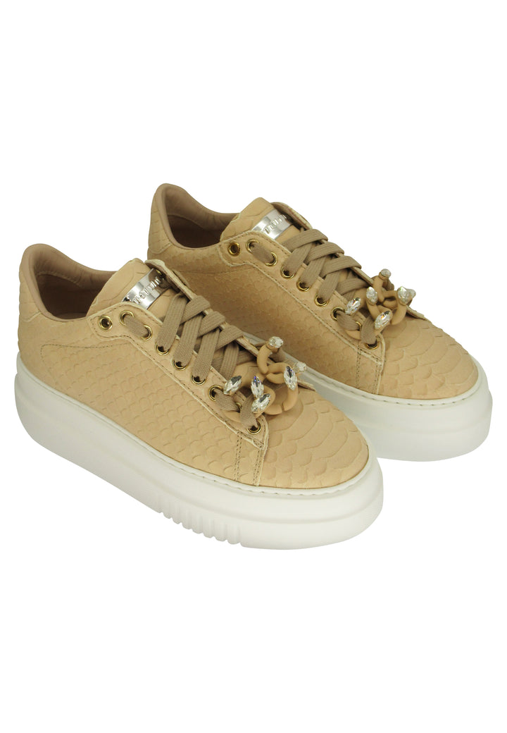 Spatarella Sneakers Donna In Pelle Stampata Nude Con Morsetto In Strass E Zeppa Alta