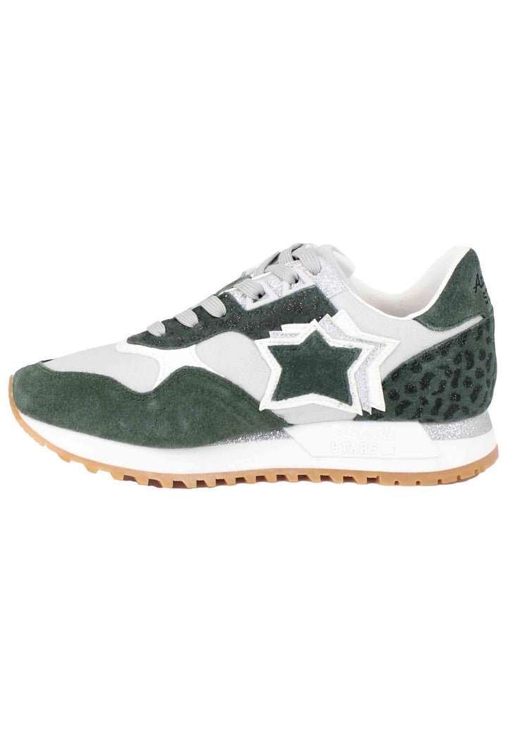 Spatarella Sneakers Ghalac Donna In Pelle Verde E Tessuto Animalier Con Stelle In Tinta