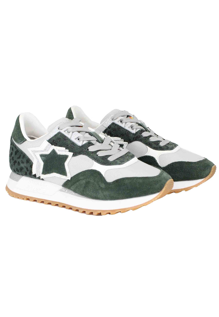 Spatarella Sneakers Ghalac Donna In Pelle Verde E Tessuto Animalier Con Stelle In Tinta