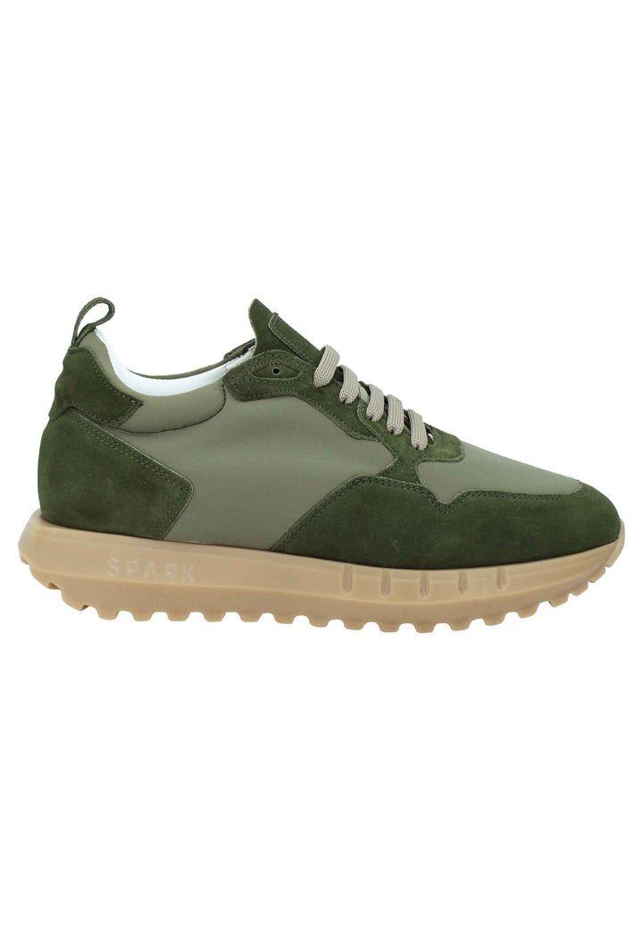 Spatarella Sneakers Uomo In Pelle E Tessuto Verde Militare Con Fondo Alto In Gomma