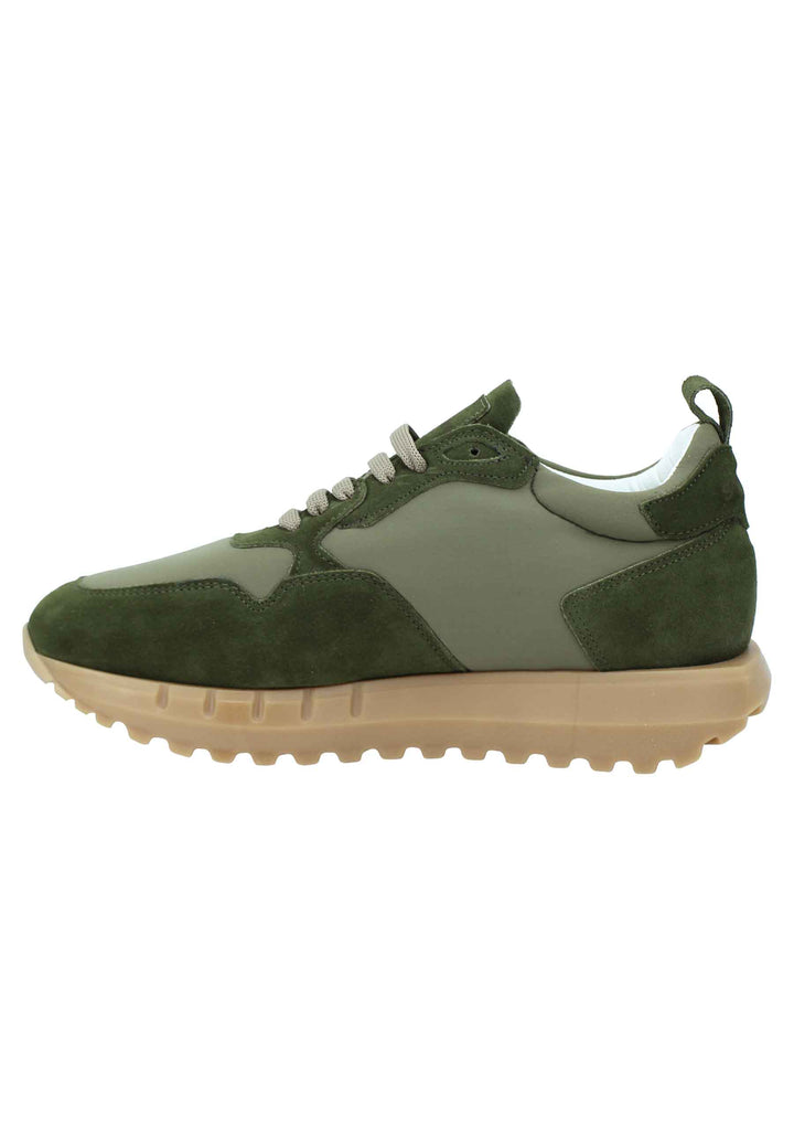 Spatarella Sneakers Uomo In Pelle E Tessuto Verde Militare Con Fondo Alto In Gomma