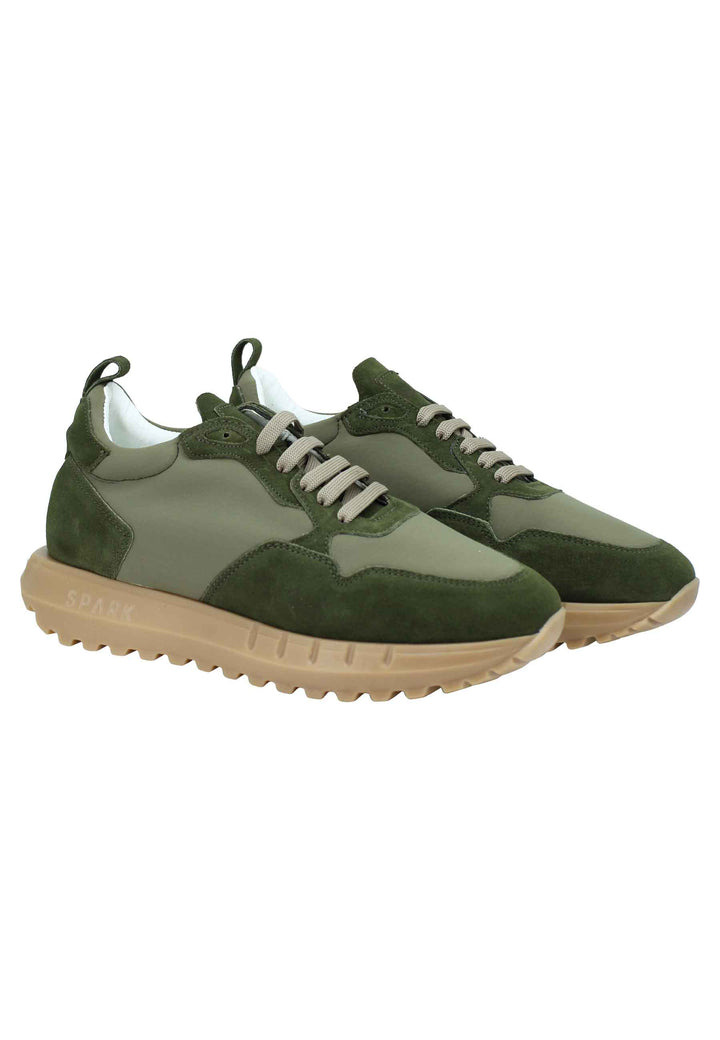Spatarella Sneakers Uomo In Pelle E Tessuto Verde Militare Con Fondo Alto In Gomma