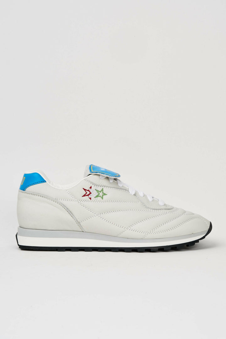 Spatarella Sneakers Uomo Pitch In Pelle Bianca E Celeste Con Stelle Cucite