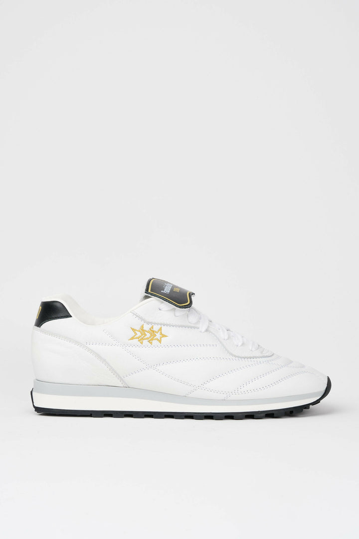 Spatarella Sneakers Uomo Pitch In Pelle Bianca E Nera Con Stelle Cucite Oro