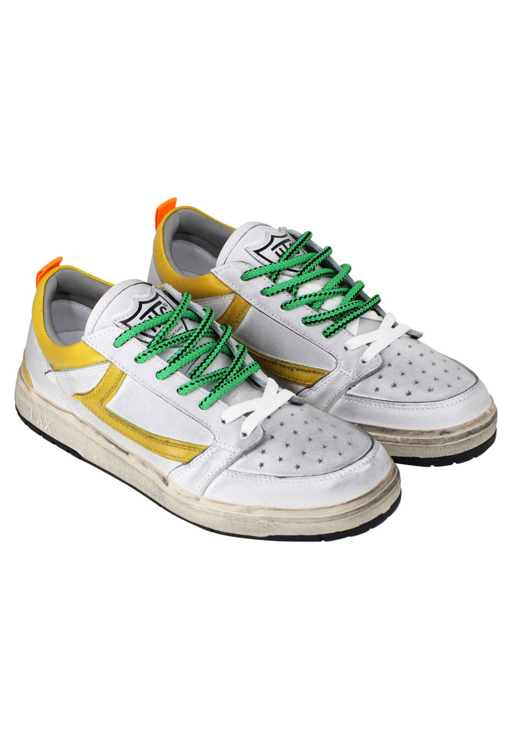 Spatarella Sneakers Uomo Starlight Vintage In Pelle Bianca Con Riporti In Pelle Giallo