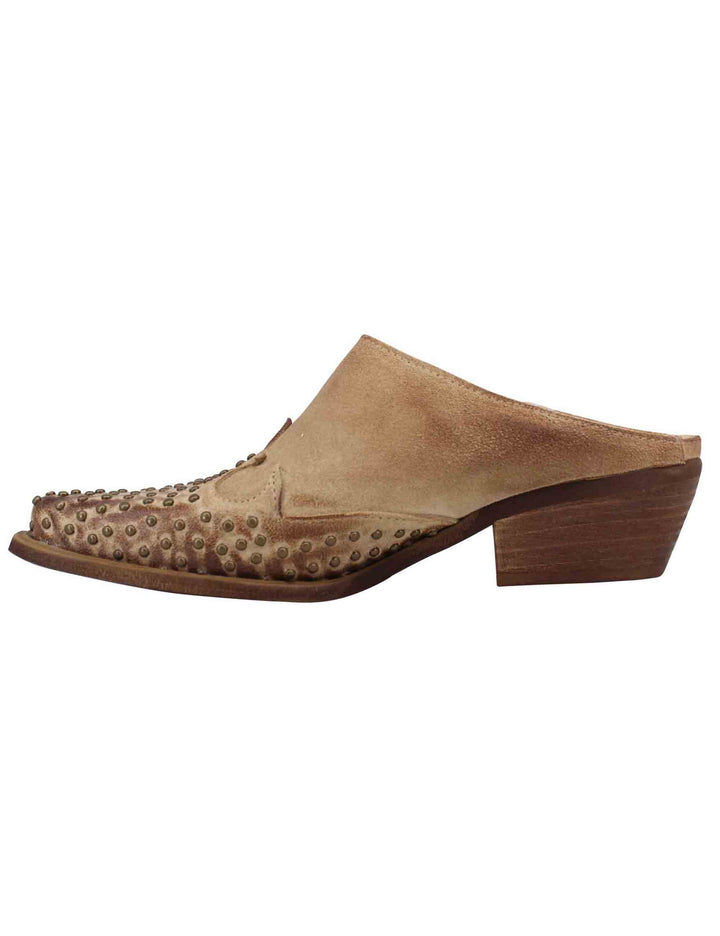 Spatarella Sabot Donna In Pelle Beige Con Borchie