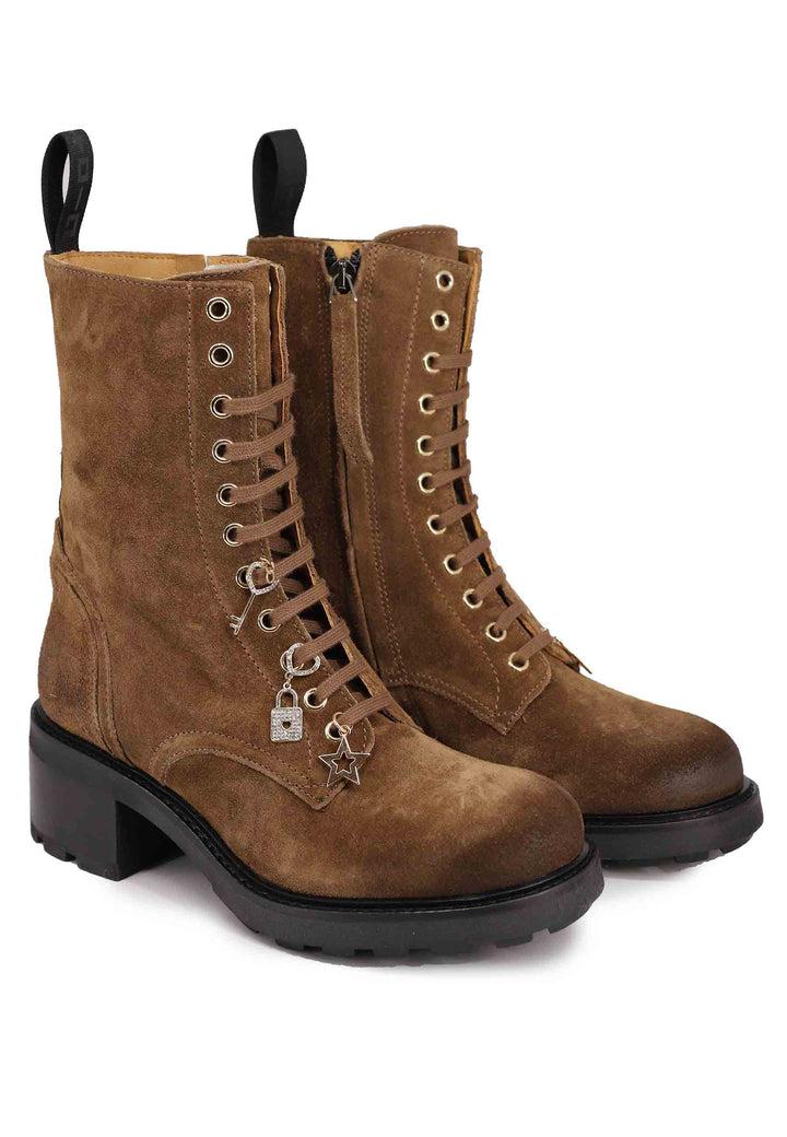 Spatarella Stivaletti Anfibi Donna In Camoscio Cuoio Con Accessori