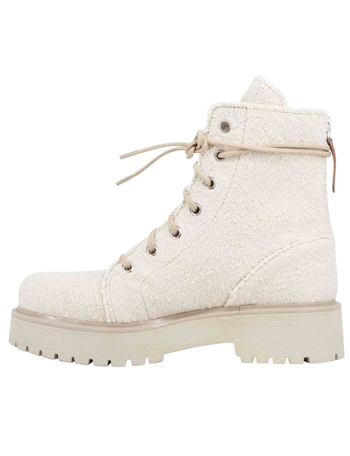 Spatarella Stivaletti Anfibi Donna In Tessuto Beige Con Zip Posteriore