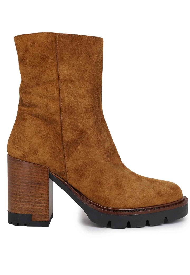 Spatarella Stivaletti Donna In Camoscio Cuoio Con Tacco E Plateau In Gomma