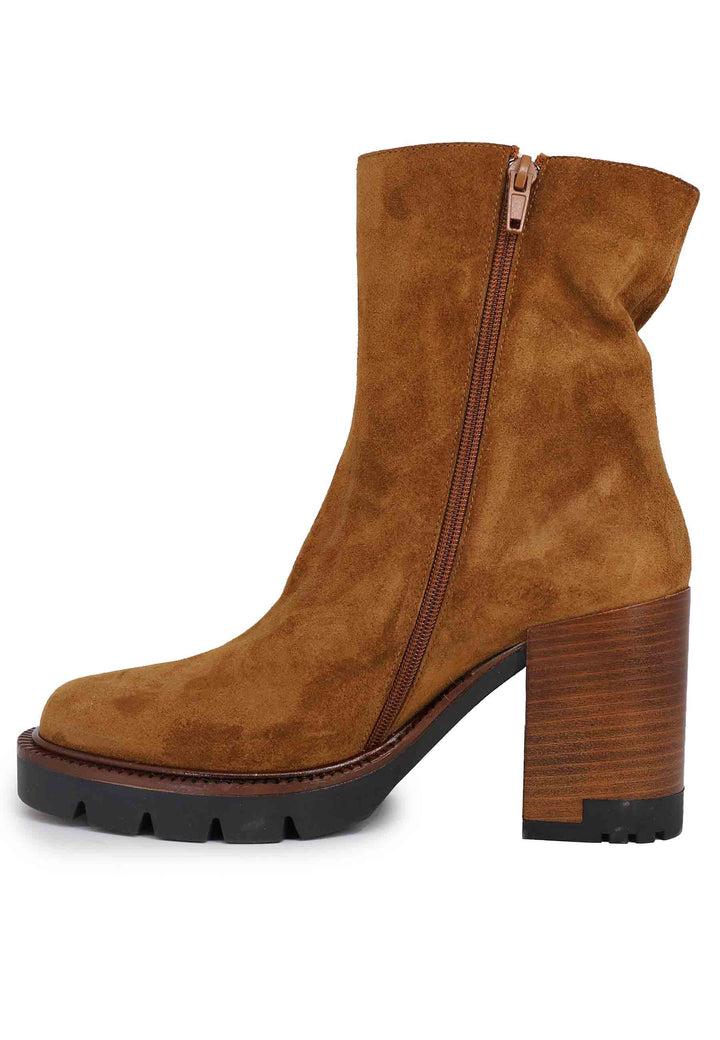 Spatarella Stivaletti Donna In Camoscio Cuoio Con Tacco E Plateau In Gomma