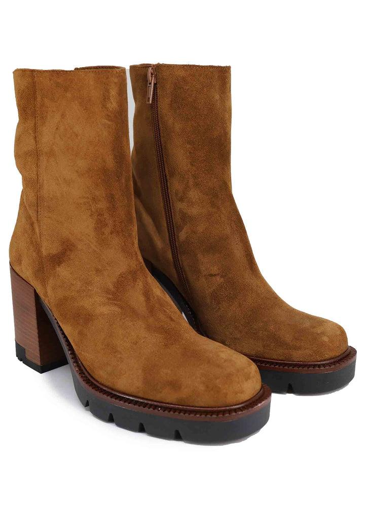 Spatarella Stivaletti Donna In Camoscio Cuoio Con Tacco E Plateau In Gomma