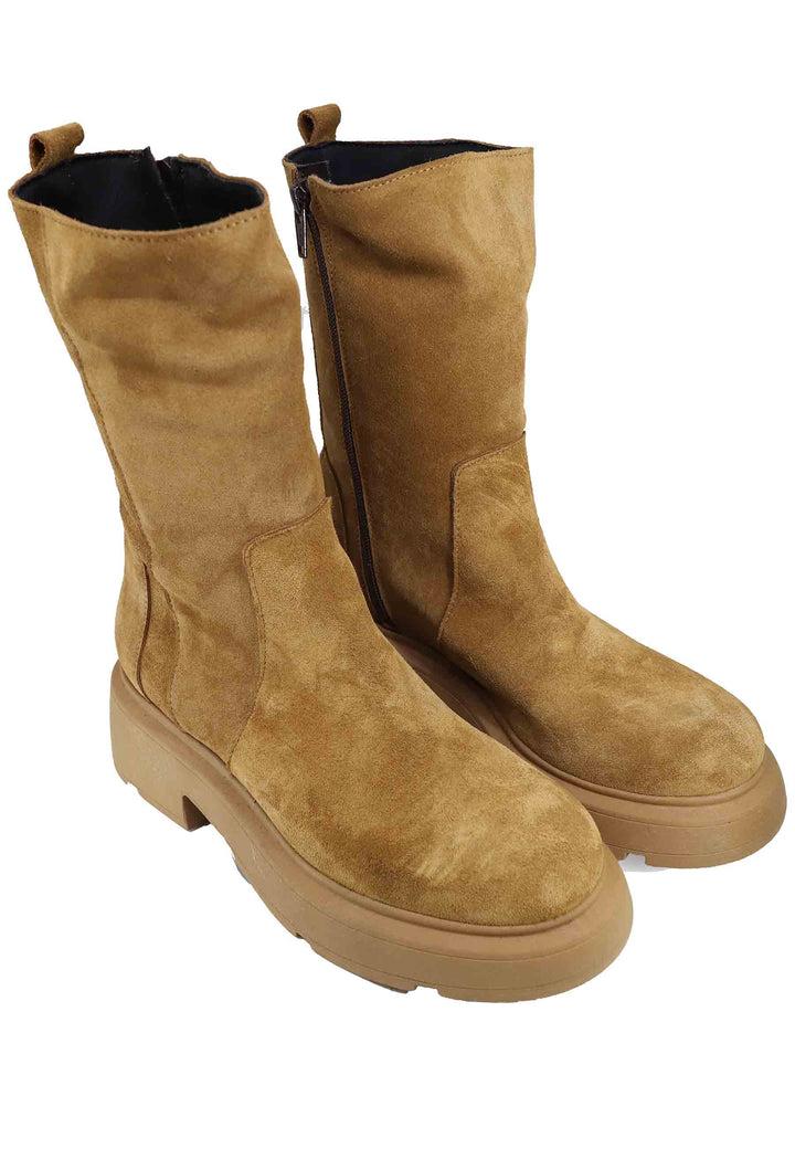 Spatarella Stivaletti Donna In Camsocio Cuoio Con Suola In Gomma E Punta Tonda