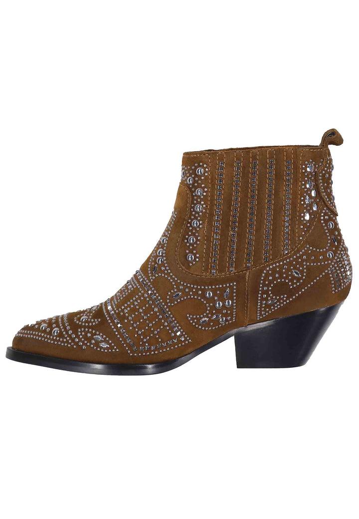 Spatarella Stivaletti Texani Donna In Camoscio Cuoio Con Borchie E Tacco Basso Soho