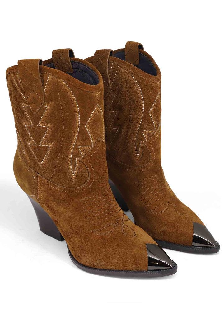 Spatarella Stivaletti Texani Donna In Camoscio Cuoio Con Cuciture In Contrasto E Puntale In Acciaio Gambels