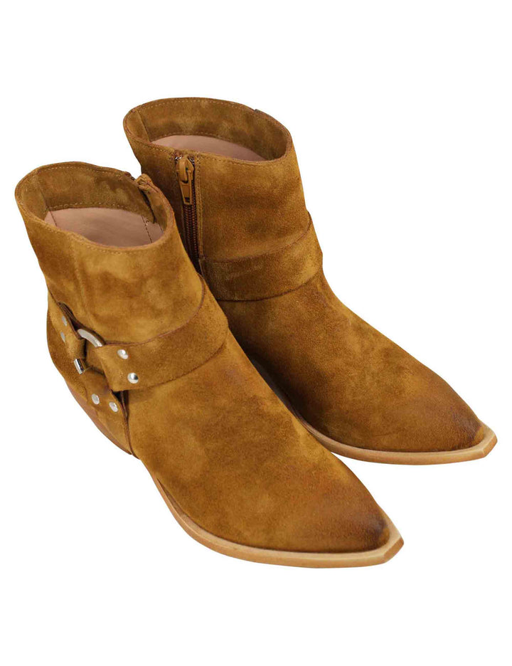 Spatarella Stivaletti Texani Donna In Camoscio Cuoio Vintage Con Accessorio Laterale