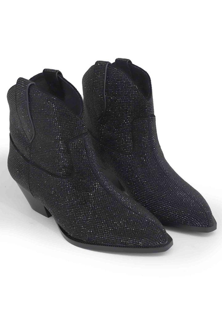 Spatarella Stivaletti Texani Donna In Camoscio Nero Con Strass In Tinta Boves