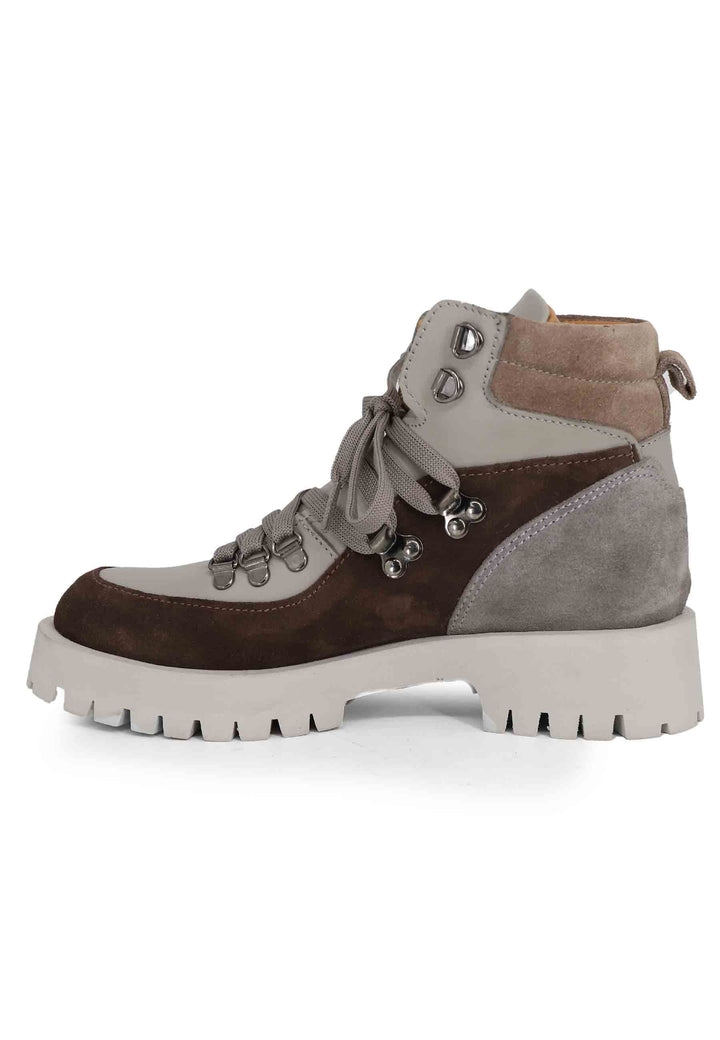 Spatarella Stivaletti Trakking Donna In Pelle Grigia E Camoscio Marrone Con Suola Carrarmato