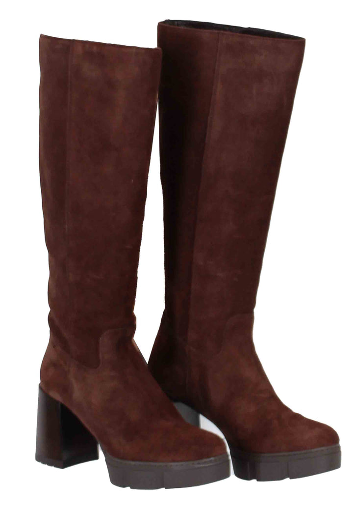 Spatarella Stivali A Tubo Donna In Camoscio Marrone Con Tacco E Plateau
