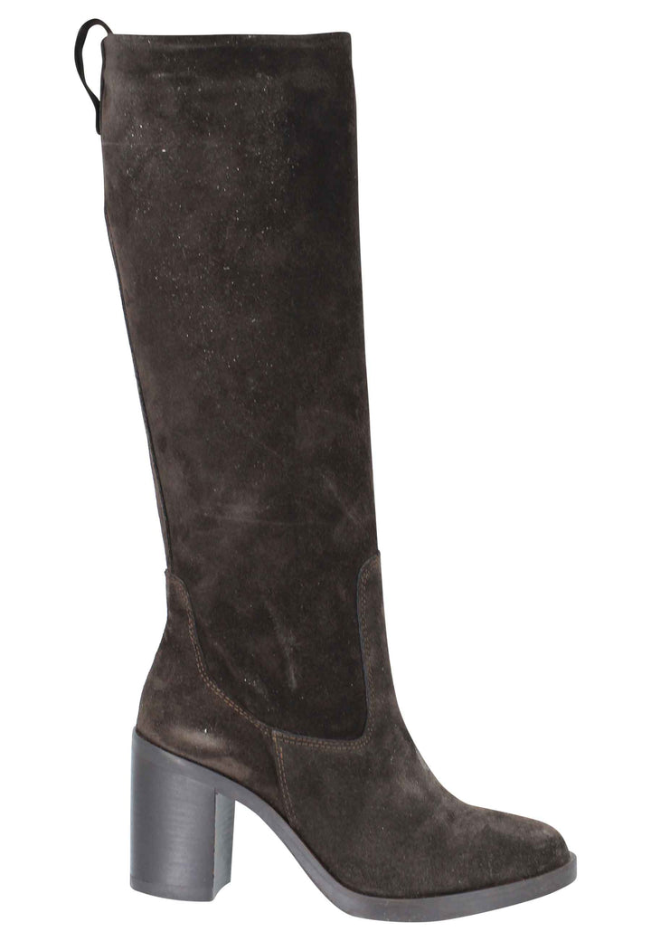 Spatarella Stivali Donna A Tubo In Camoscio Tesra Di Moro Con Tacco In Cuoio E Punta Tonda