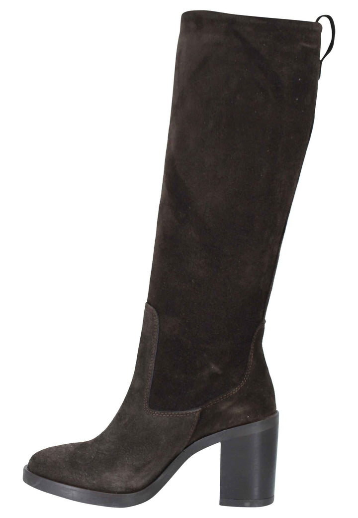 Spatarella Stivali Donna A Tubo In Camoscio Tesra Di Moro Con Tacco In Cuoio E Punta Tonda