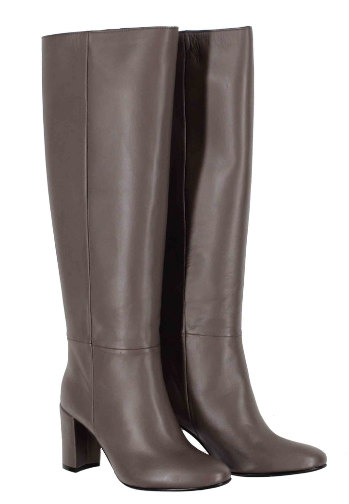Spatarella Stivali Donna A Tubo In Pelle Grigia Con Punta Tonda