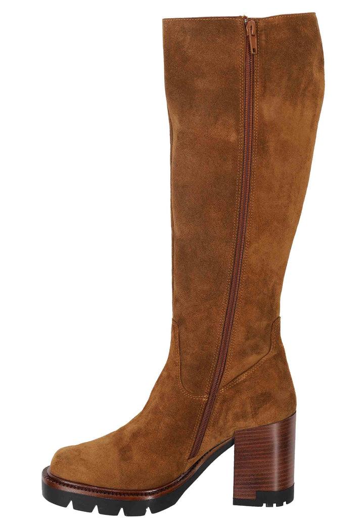 Spatarella Stivali Donna In Camoscio Cuoio Con Tacco E Plateau In Gomma