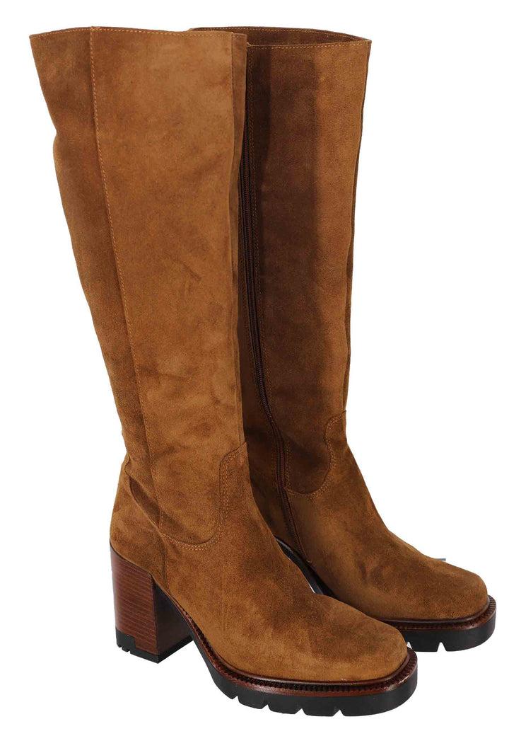 Spatarella Stivali Donna In Camoscio Cuoio Con Tacco E Plateau In Gomma