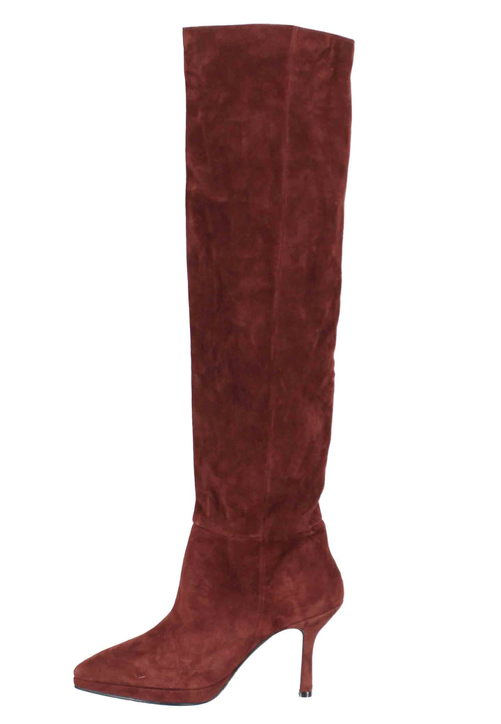 Spatarella Stivali Donna In Camoscio Marrone Con Tacco E Plateau