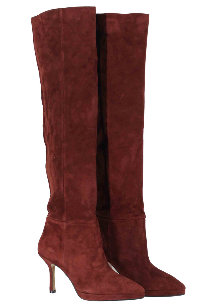 Spatarella Stivali Donna In Camoscio Marrone Con Tacco E Plateau