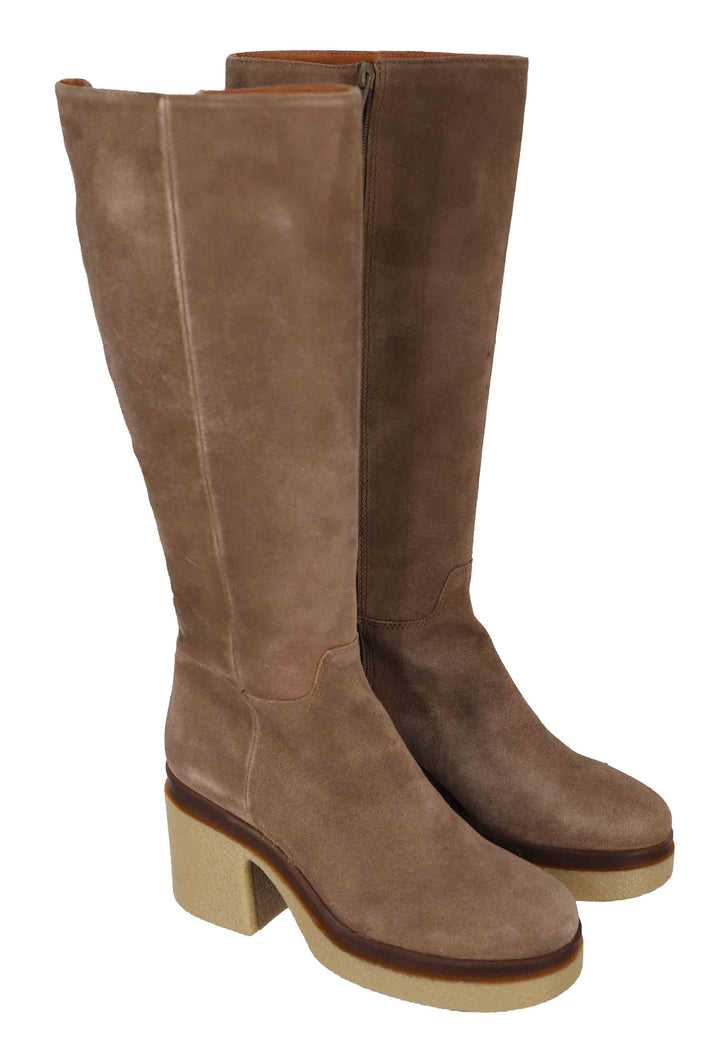 Spatarella Stivali Donna In Camoscio Taupe Con Zeppa Alta In Para
