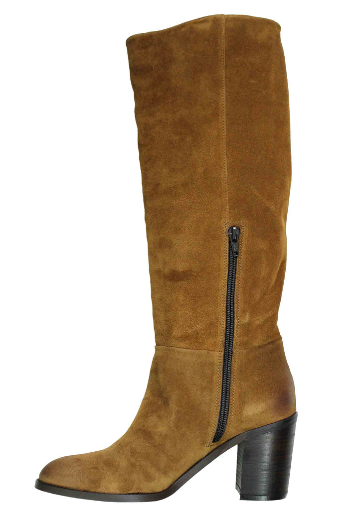 Spatarella Stivali Donna In Camoscio Testa Di Moro Con Tacco In Cuoio E Punta Semi Tonda