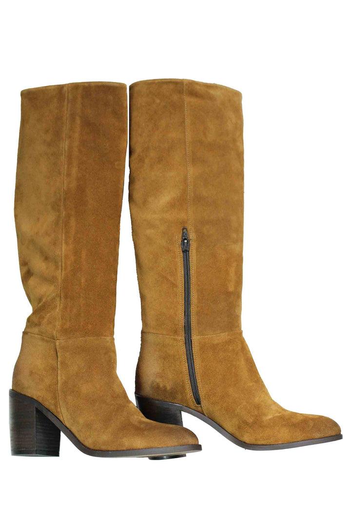 Spatarella Stivali Donna In Camoscio Testa Di Moro Con Tacco In Cuoio E Punta Semi Tonda