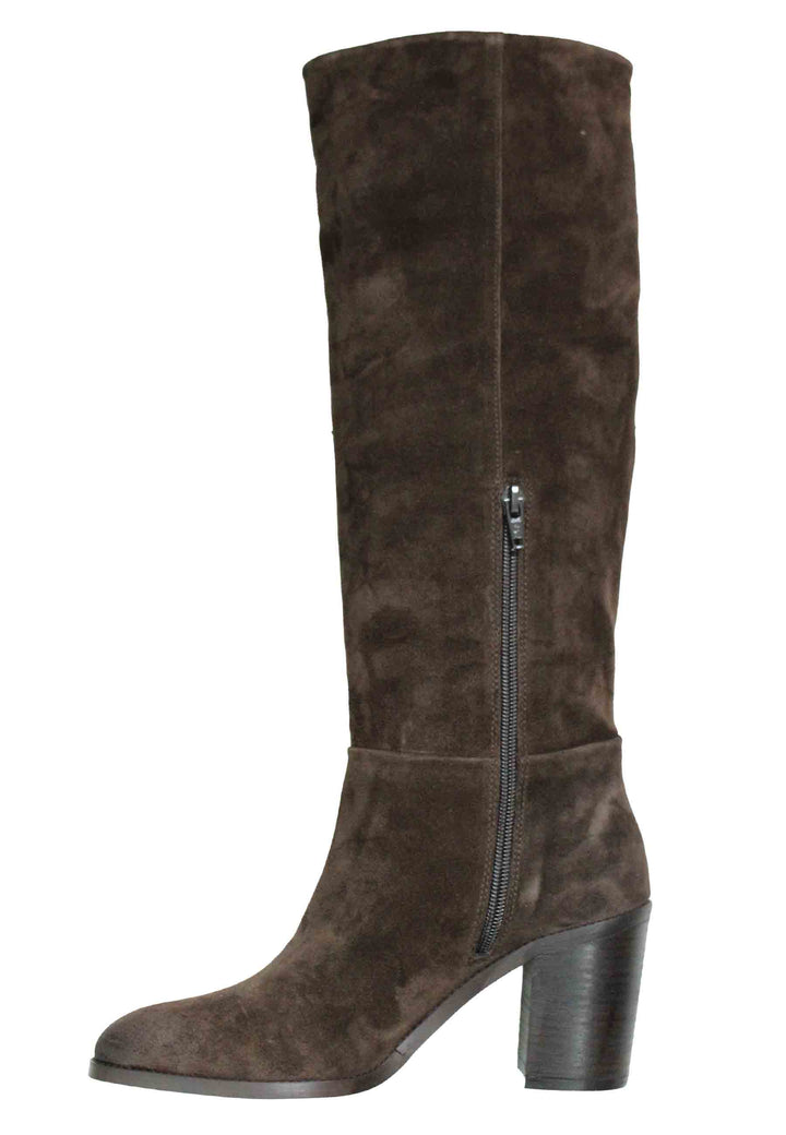 Spatarella Stivali Donna In Camoscio Testa Di Moro Con Tacco In Cuoio E Punta Semi Tonda