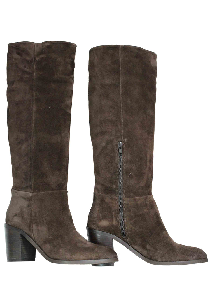 Spatarella Stivali Donna In Camoscio Testa Di Moro Con Tacco In Cuoio E Punta Semi Tonda