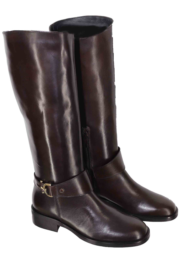 Spatarella Stivali Donna In Pelle Marrone Con Fibbia Tacco Basso