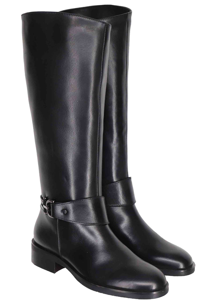 Spatarella Stivali Donna In Pelle Nera Con Fibbia Tacco Basso