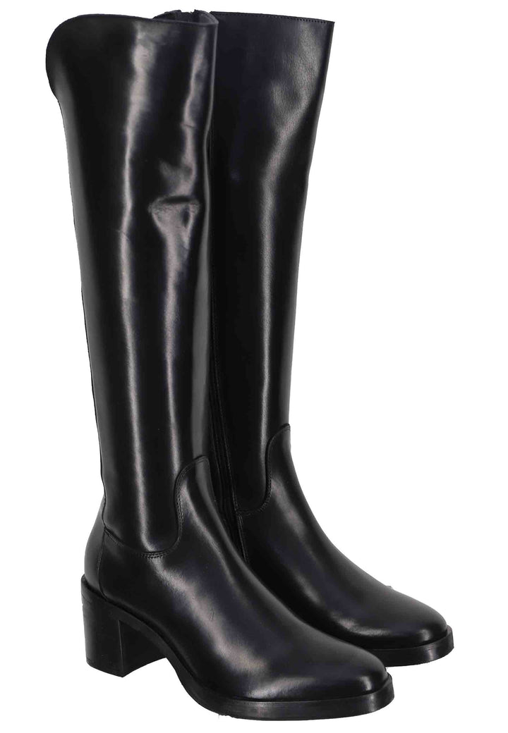 Spatarella Stivali Donna In Pelle Nera Con Ghetta Al Ginocchio E Punta Tonda