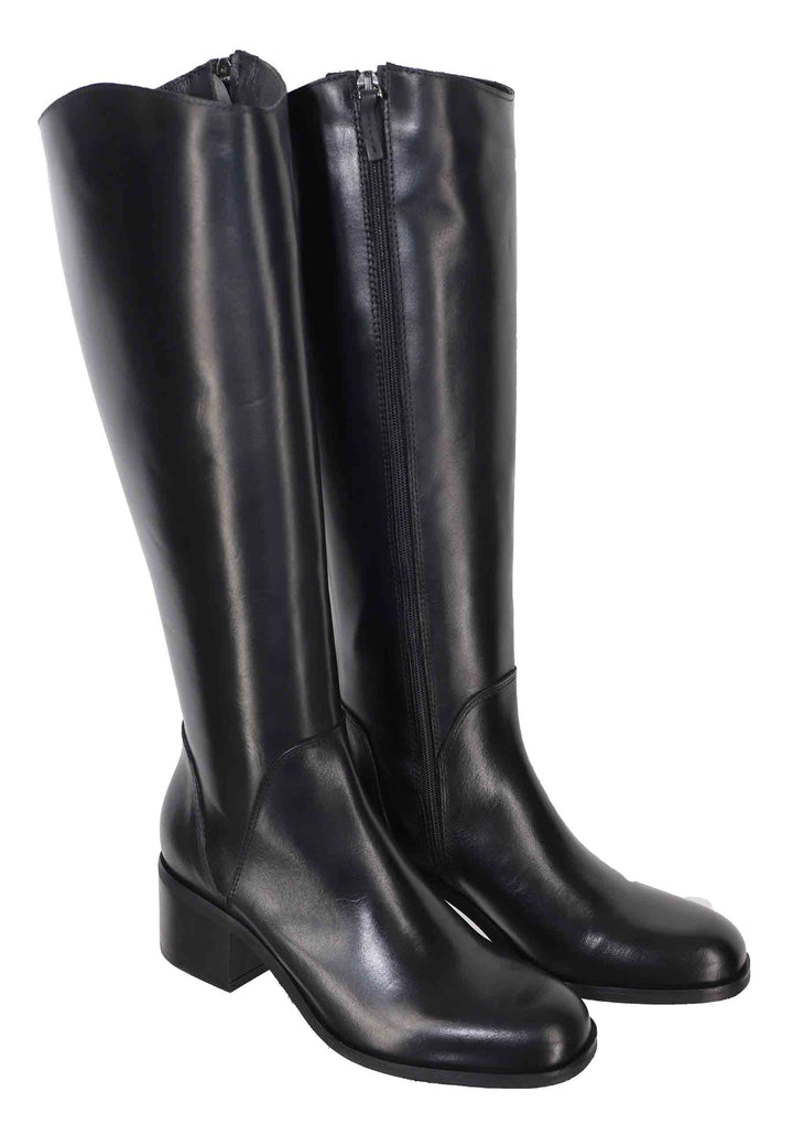 Spatarella Stivali Donna In Pelle Nera Con Tacco In Cuoio