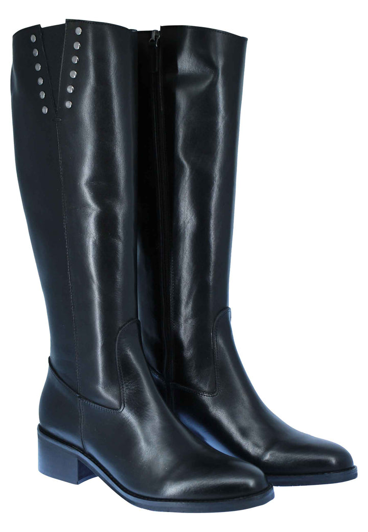 Spatarella Stivali Donna In Pelle Nera Tacco Basso Con Borchie E Zip Laterale