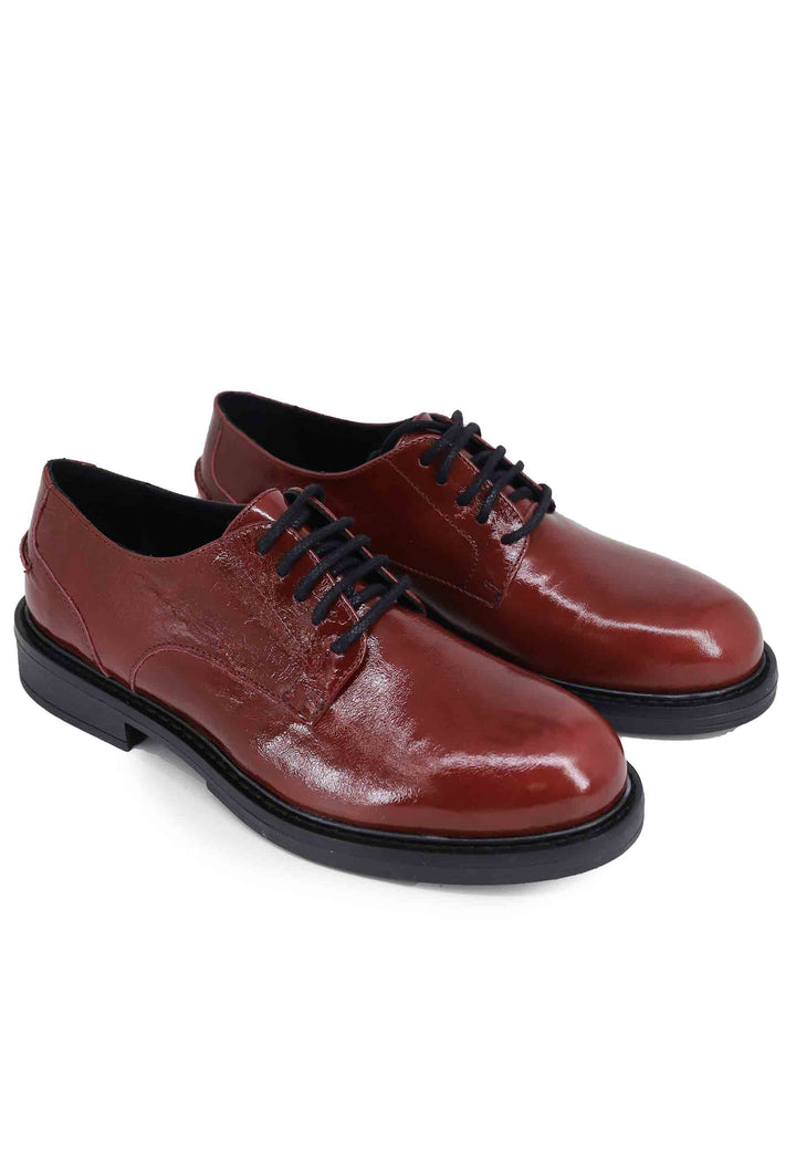 Spatarella Stringate Donna In Pelle Naplack Bordeaux Con Suola In Gomma E Tacco Basso