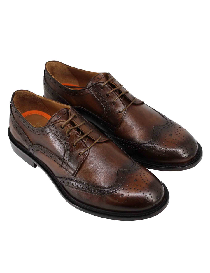 Spatarella Stringate Uomo In Pelle Marrone Impunturata Con Suola In Cuoio Cucita