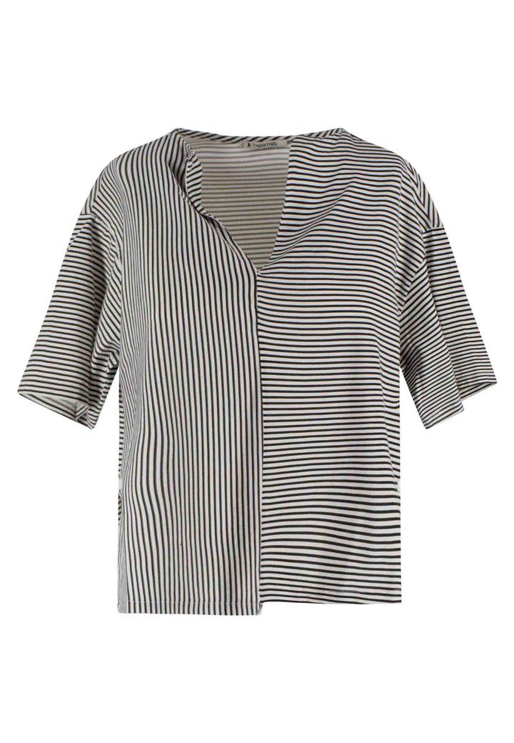Spatarella T-shirt Donna Tita In Cotone Bianco E Nero A Righe E Scollo A V